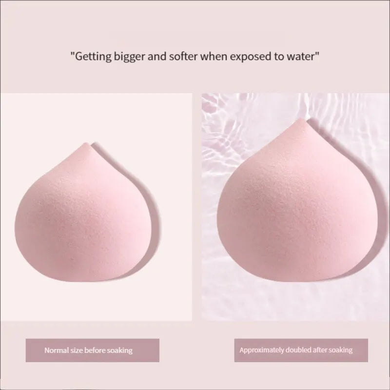 Merit Sell wet and dry makeup blender set showing a pink makeup sponge before and after soaking in water