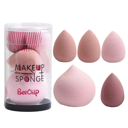 Merit Sell wet and dry makeup blender set with five pink and beige blending sponges in varying shapes