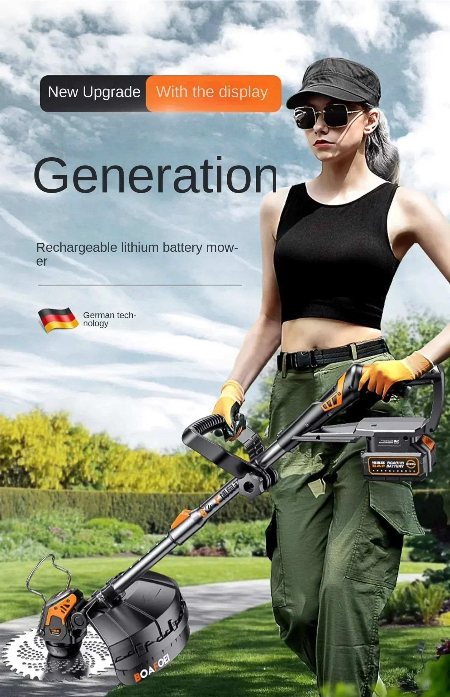 Merit Sell multi-functional brush cutter for home with rechargeable lithium battery held by woman in outdoor garden