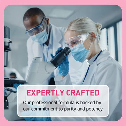 Scientists in lab coats examining formula under microscope for natural beet supplement for blood circulation