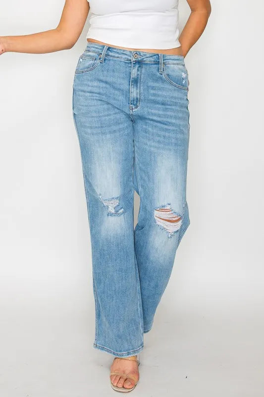 bytos Full Size Distressed High Rise Straight Jeans - Merit Sell