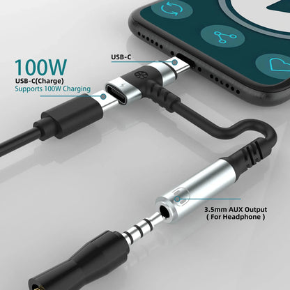 black c usb to usb adapter with 3.5mm AUX output connected to smartphone side view