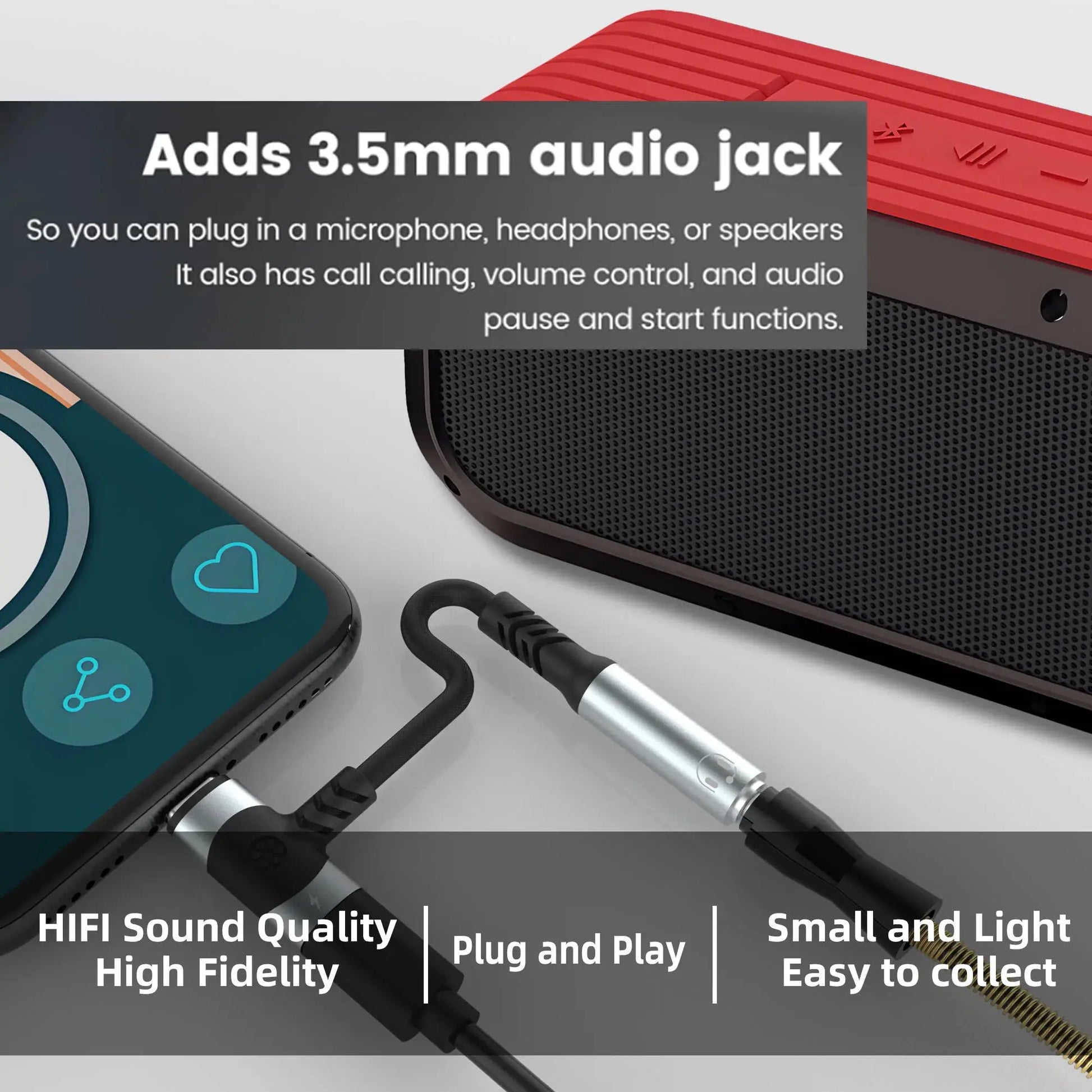 black c usb to usb adapter connected to phone and speaker showing 3.5mm audio jack feature