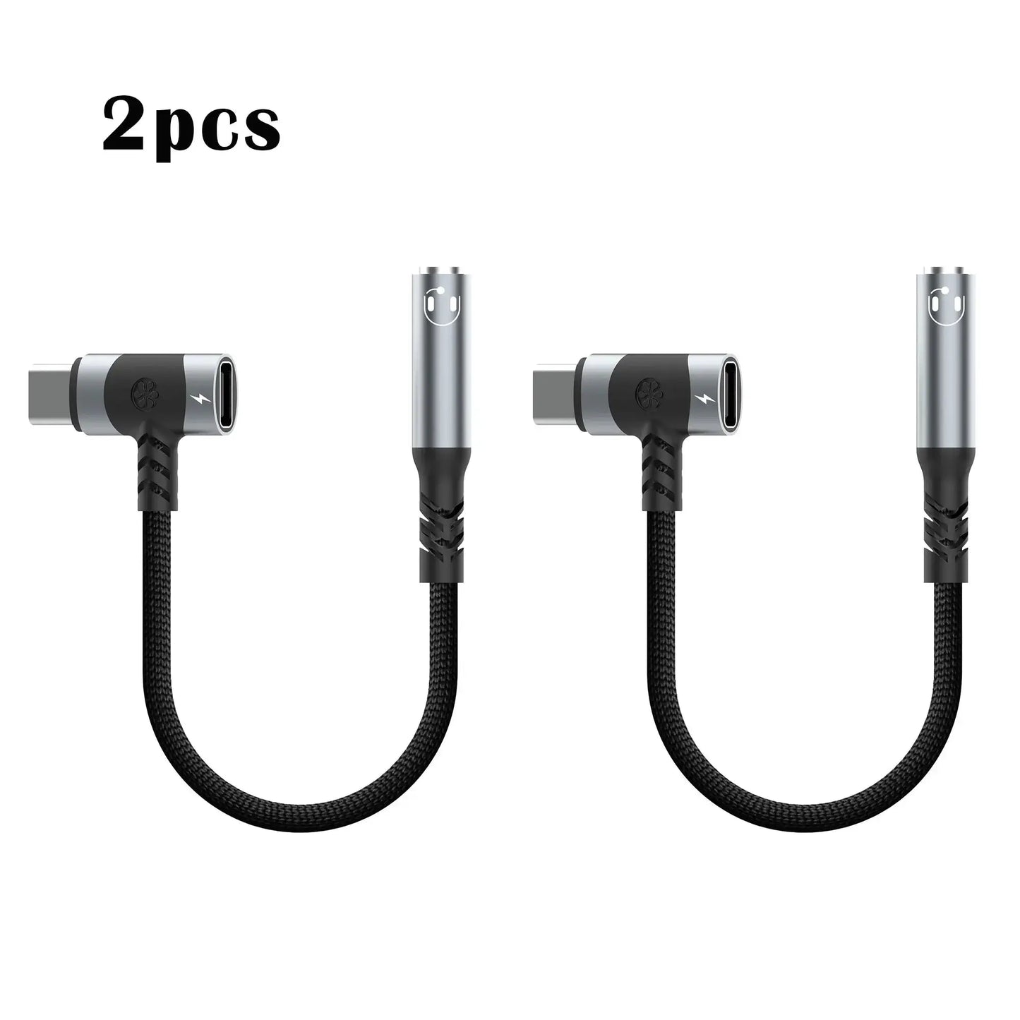 Two black c usb to usb adapter cables with right-angle connector and silver USB end front view