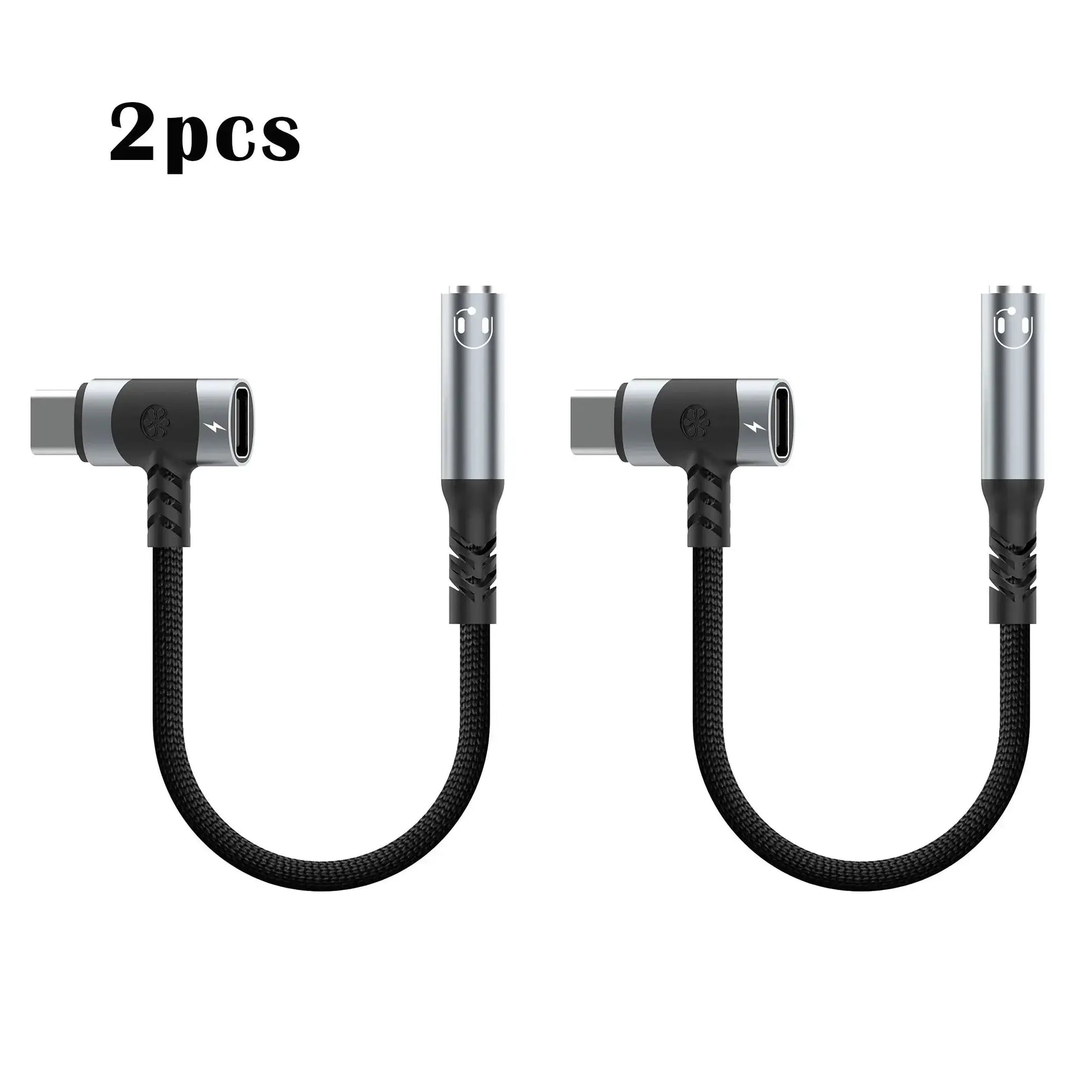 Two black c usb to usb adapter cables with right-angle connector and silver USB end front view