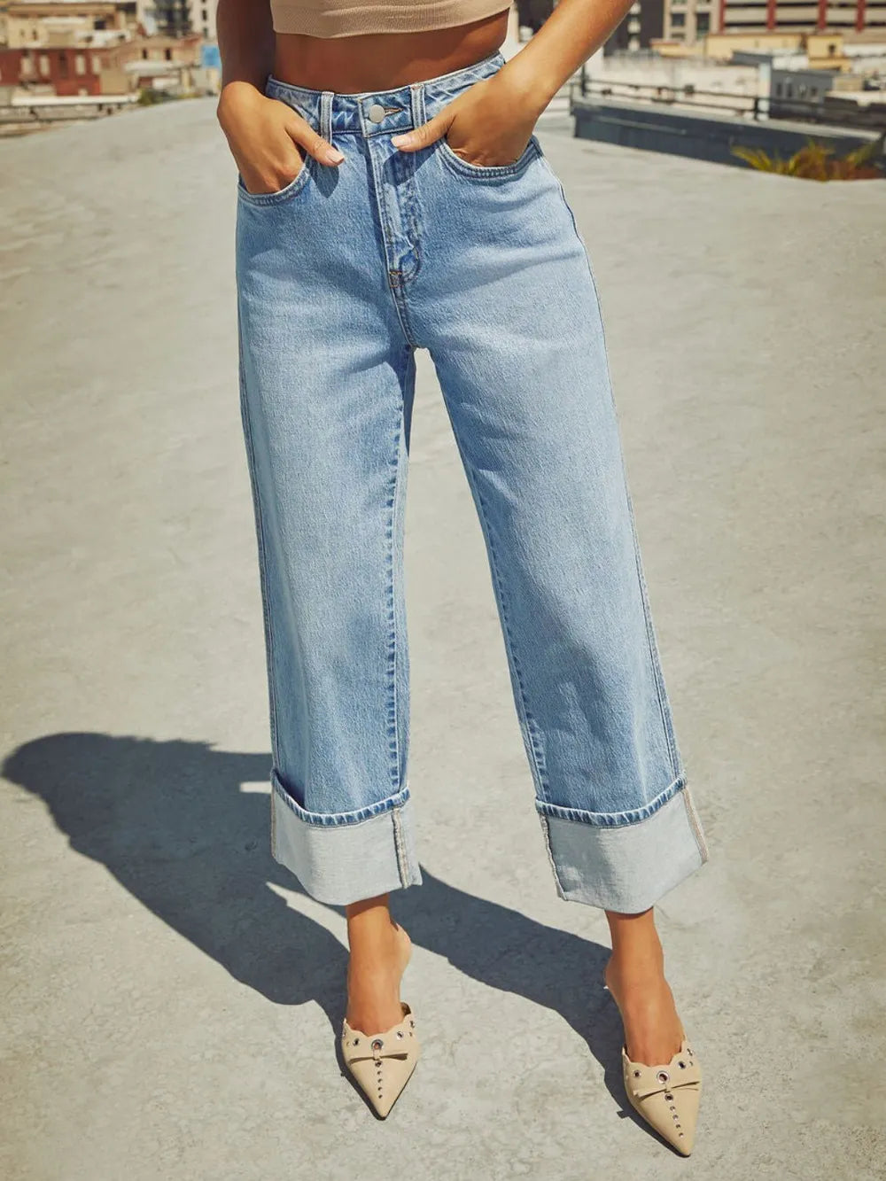High Waisted Straight Leg Rolled Jeans - Merit Sell