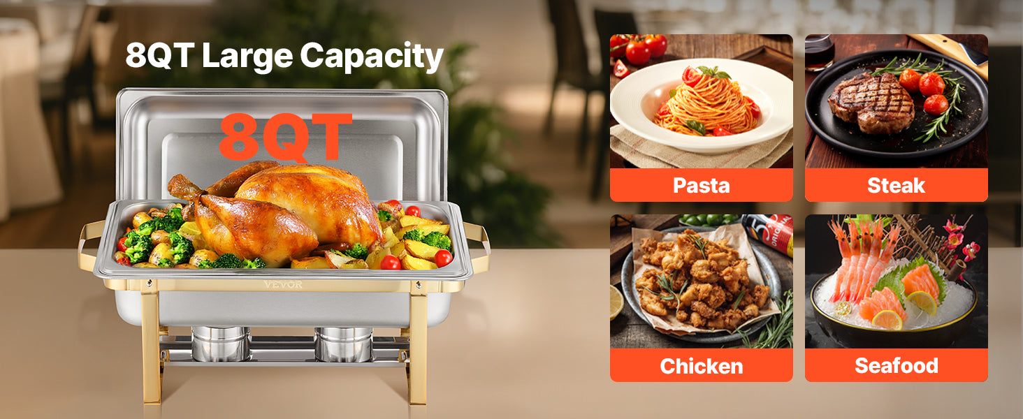 SucceBuy 8 Qt 4 Pack Chafing Dish Buffet Set Stainless Steel Chafer with 2 Full Size and 4 Half Size Pans Catering Warmer Server - Merit Sell