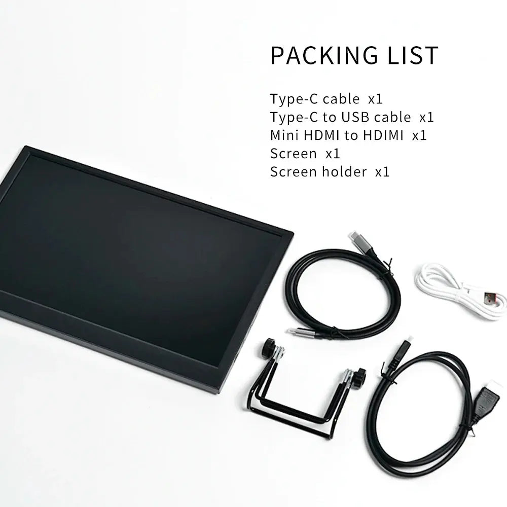black computer monitor gaming screen and included cables and screen holder flat lay
