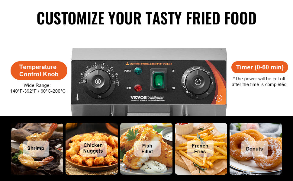VEVOR Commercial Deep Fryer Electric Countertop Fryer with Basket 11.6Qt Stainless Steel Single Oil Fryer w/Time & Temp Control
