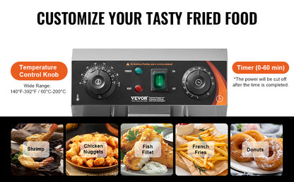 VEVOR Commercial Deep Fryer Electric Countertop Fryer with Basket 11.6Qt Stainless Steel Single Oil Fryer w/Time & Temp Control