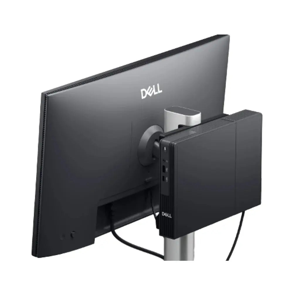 black mini pc mounted on the back of a black Dell monitor side view