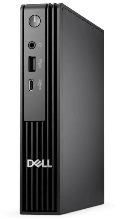 black Dell mini pc front view with power button and USB ports
