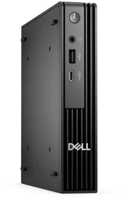 black Dell mini pc front side view with power button and USB ports