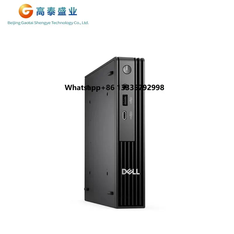 black Dell mini pc front angle with USB ports and power button