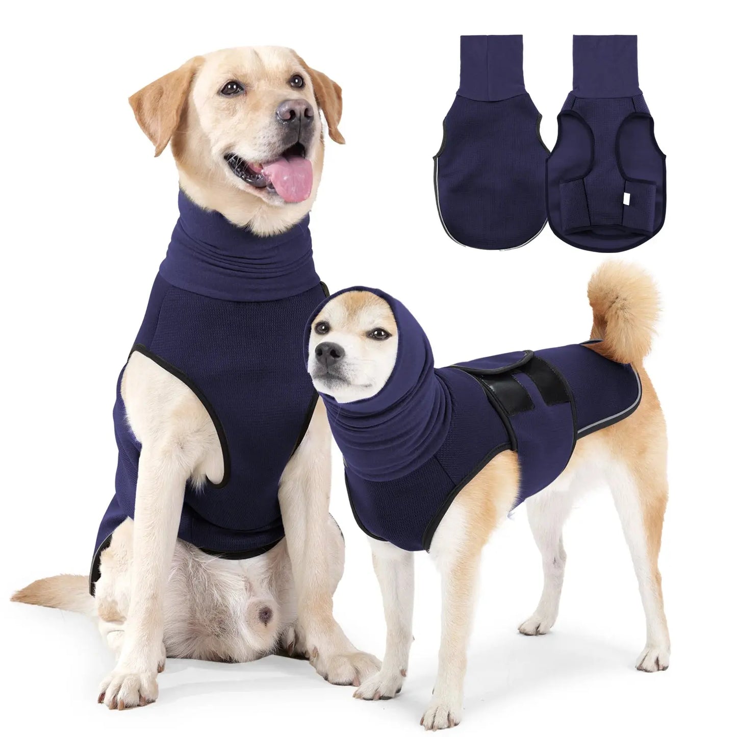 Merit Sell dog jacket for winter in navy blue shown on two dogs with high neck and adjustable straps