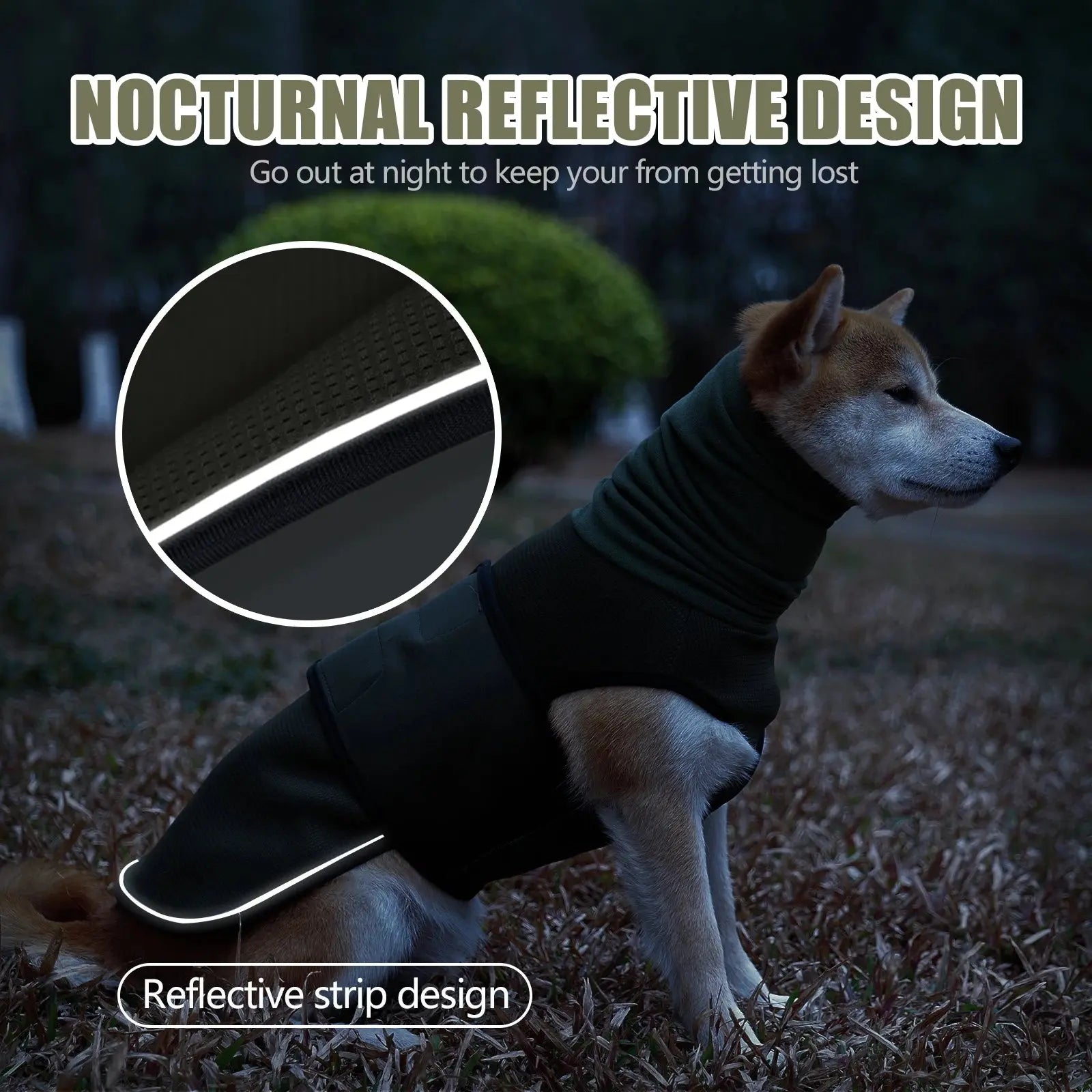 Dog wearing Merit Sell dog jacket for winter with nocturnal reflective strip design for night safety