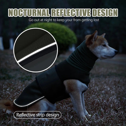 Dog wearing Merit Sell dog jacket for winter with nocturnal reflective strip design for night safety
