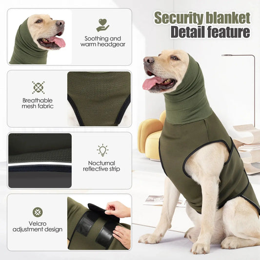 Dog jacket for winter in olive green with soothing headgear breathable mesh fabric and velcro adjustment Merit Sell