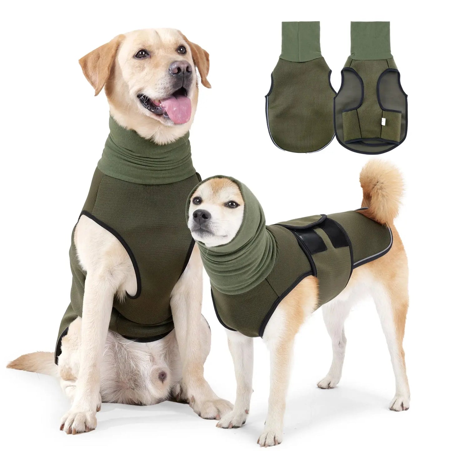 Merit Sell olive green dog jacket for winter with high neck and adjustable straps shown on two dogs