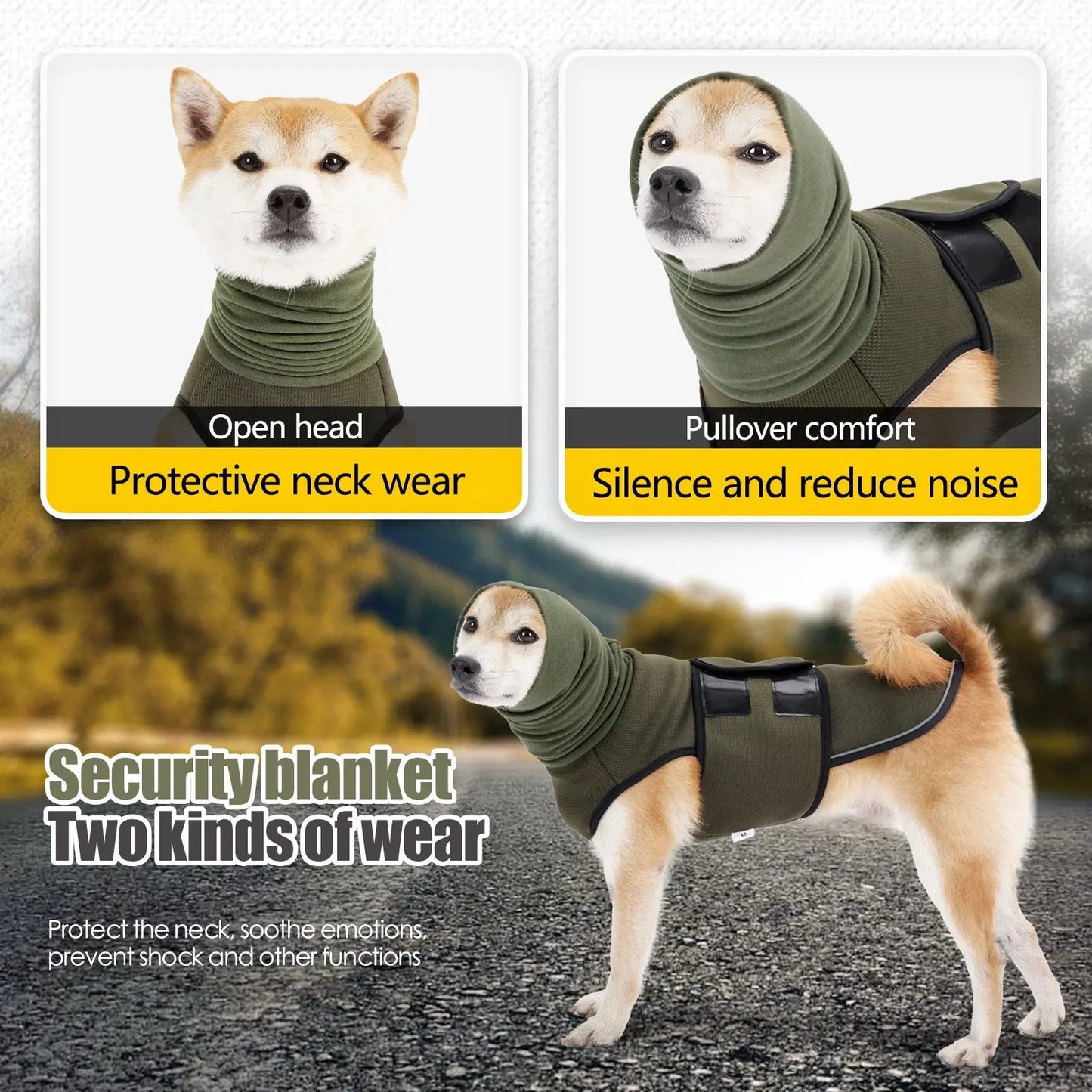 Merit Sell dog jacket for winter in olive green with protective neck wear and noise reduction features