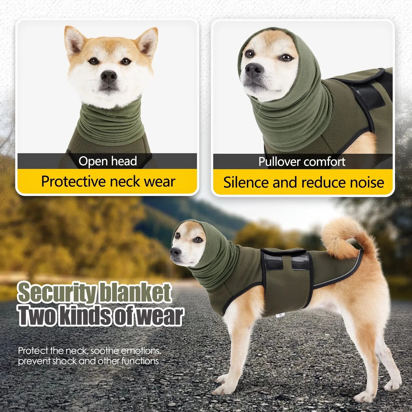 Merit Sell dog jacket for winter in olive green with protective neck wear and noise reduction features
