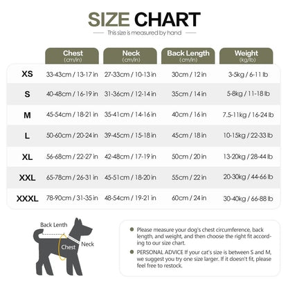 Merit Sell dog jacket for winter size chart showing chest neck back length and weight measurements