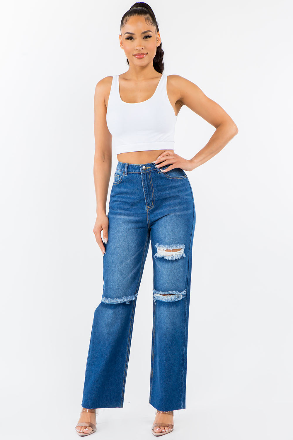 American Bazi Distressed Wide Leg Jeans | Trendy High Waist