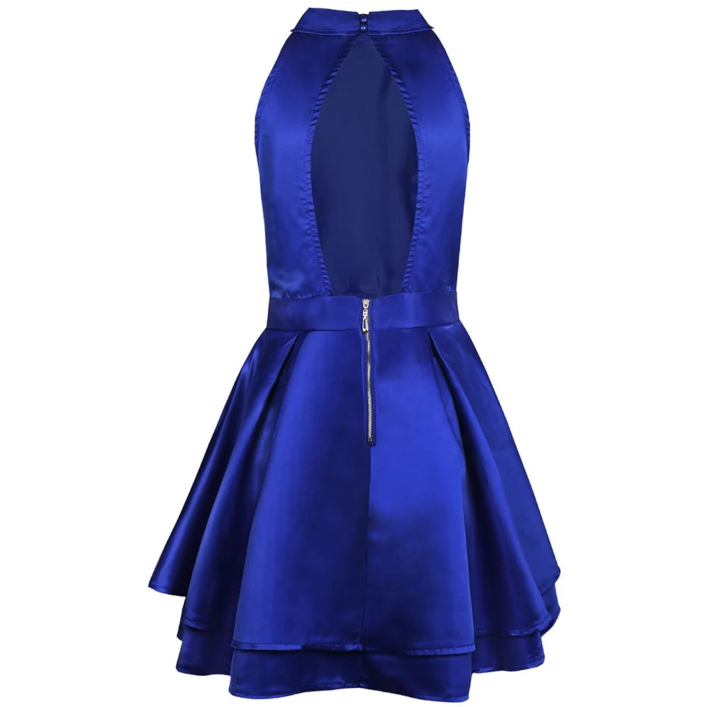 Blue Halter Neck Backless Skater Dress - Elegant & Flirty