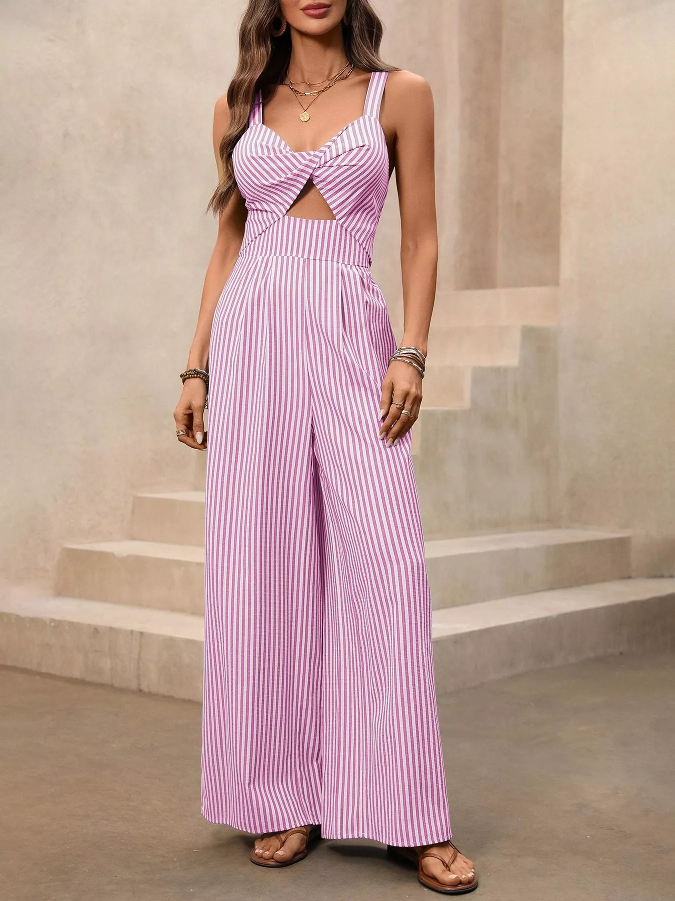 Striped Cutout Twist Front Wide Leg Jumpsuit - Merit Sell