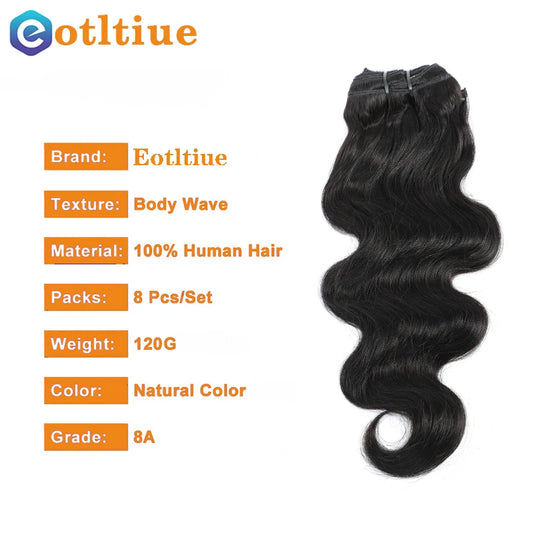 Human hair black wavy clip ins showing 8A grade body wave texture with natural color