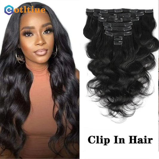 Merit Sell human hair black wavy clip ins shown on woman and separately with multiple clips for easy styling