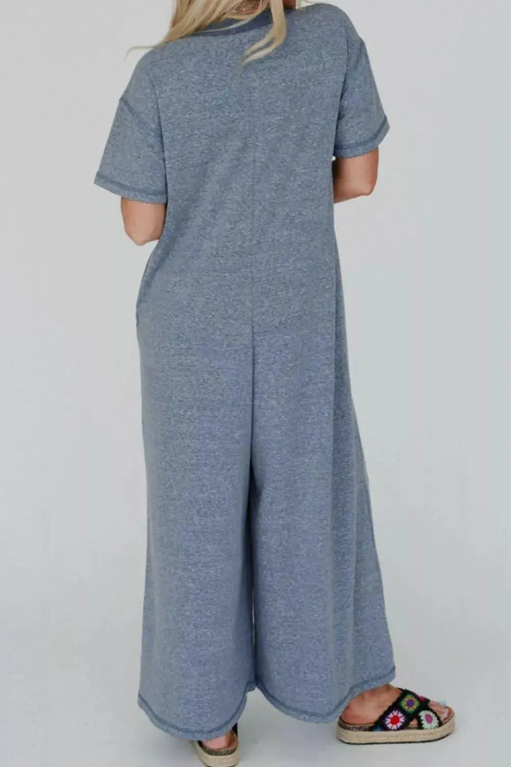 Placket Chest Pockets Short Sleeve Wide Leg Jumpsuit - Merit Sell