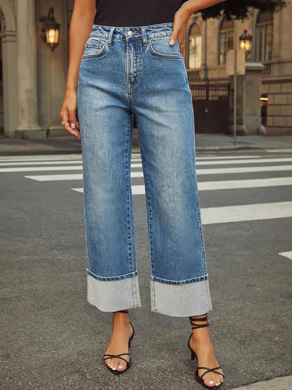 High Waisted Straight Leg Rolled Jeans - Merit Sell