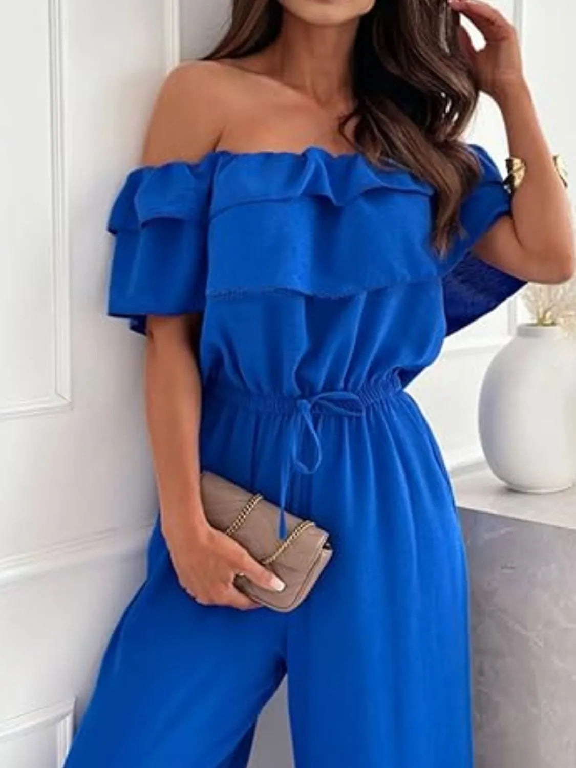 Off-Shoulder Ruffled Wide Leg Jumpsuit - Merit Sell