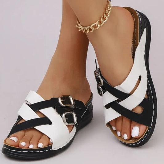 Merit Sell black and white sandals for fashionable female footwear summer 2024 with buckle straps