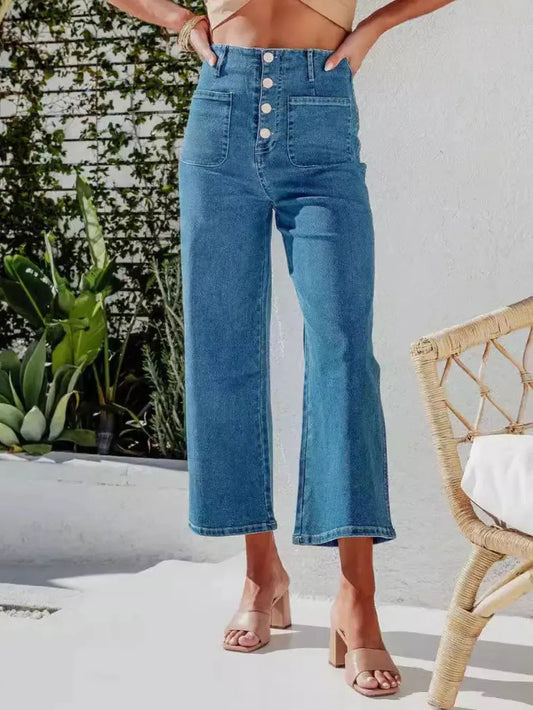 Button Fly Cropped Jeans with Pockets - Merit Sell