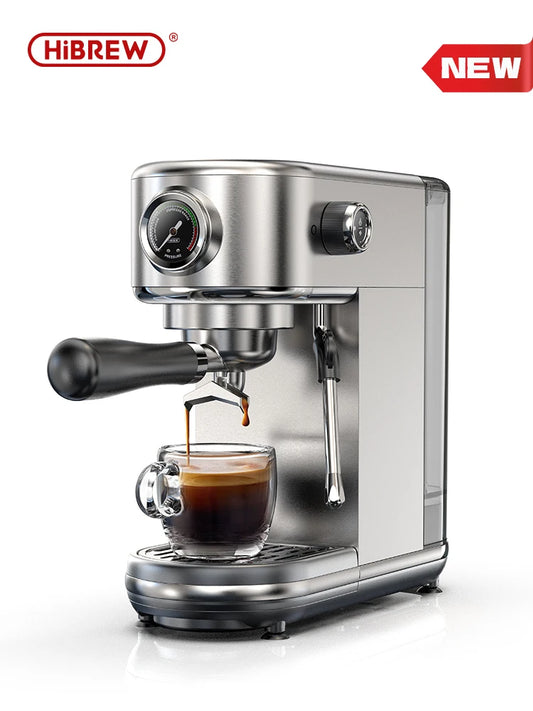 Merit Sell adjustable temperature espresso machine in stainless steel brewing fresh espresso with clear glass cup