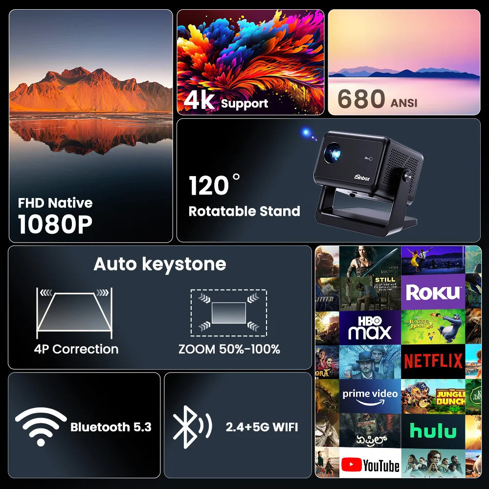 iSinbox 1080P Smart Projector 680ANSI Android 13 WiFi6 BT5.3 Portable Outdoor Home Video Beam Projector HDMI Auto Keystone - Merit Sell