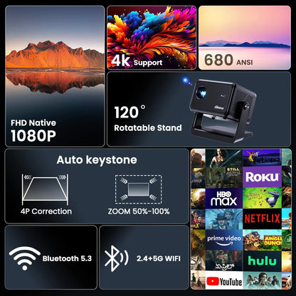 iSinbox 1080P Smart Projector 680ANSI Android 13 WiFi6 BT5.3 Portable Outdoor Home Video Beam Projector HDMI Auto Keystone - Merit Sell