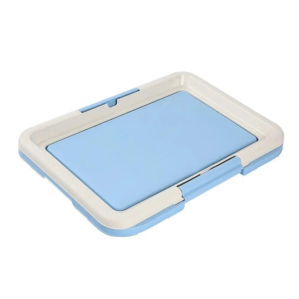 Merit Sell blue and white indoor potty for small dogs with a sturdy frame and removable tray