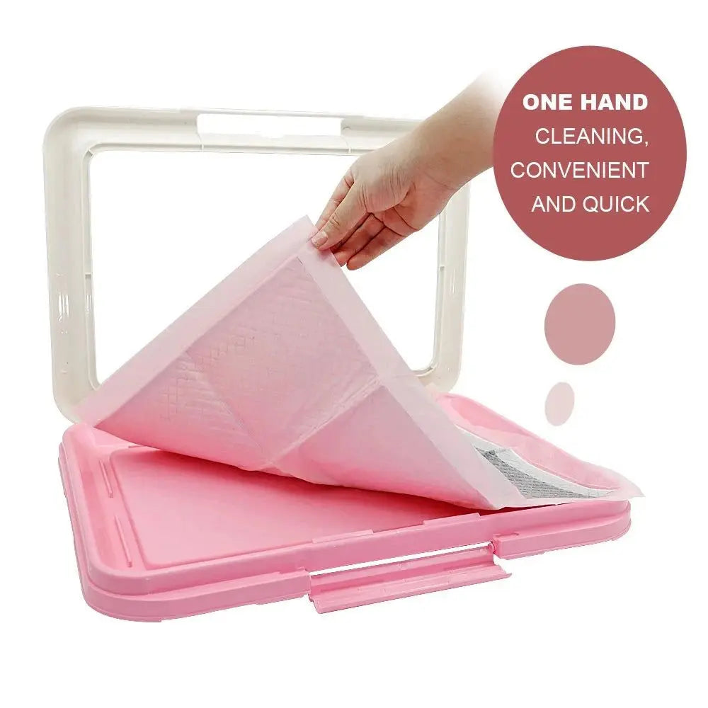 Merit Sell indoor potty for small dogs with pink base and easy one hand cleaning design