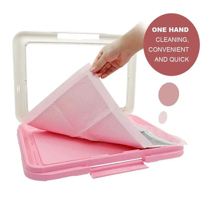 Merit Sell indoor potty for small dogs with pink base and easy one hand cleaning design