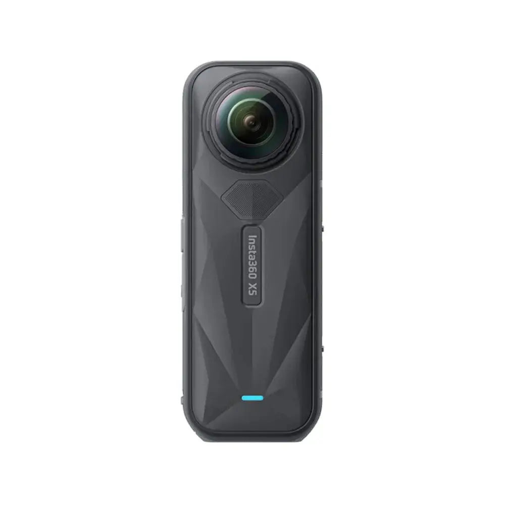 Insta360 X5 8K action camera in black with wide-angle lens and sleek geometric design
