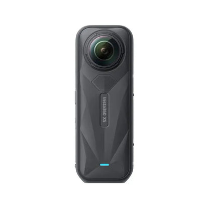 Insta360 X5 8K action camera in black with wide-angle lens and sleek geometric design