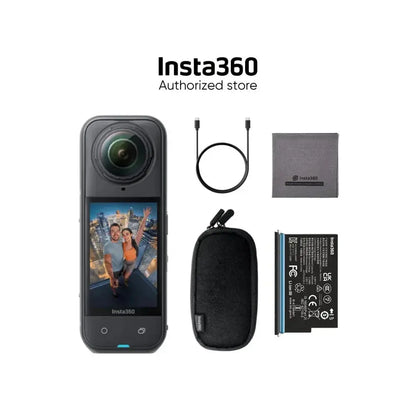 Insta360 X5 8K action camera with accessories including battery, case, charging cable, and lens cloth