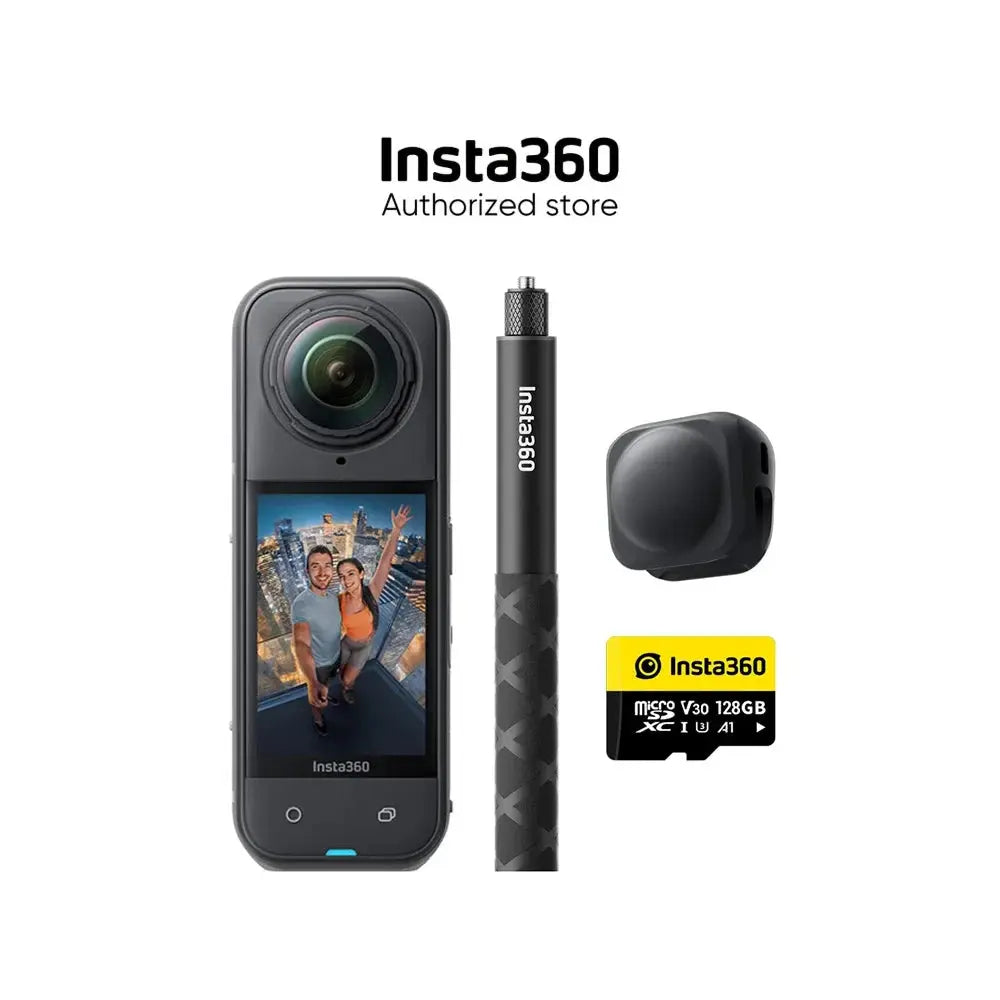 Insta360 X5 8K action camera with selfie stick, lens cover, and 128GB memory card from Merit Sell