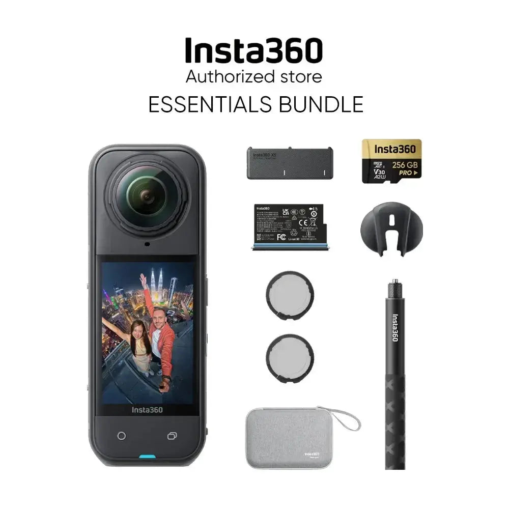 Insta360 X5 8K action camera essentials bundle with memory card, batteries, filters, and accessories