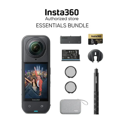 Insta360 X5 8K action camera essentials bundle with memory card, batteries, filters, and accessories