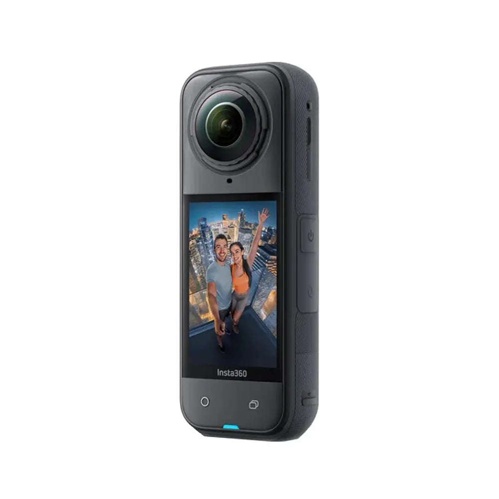 Merit Sell Insta360 X5 8K action camera with dual lenses and touchscreen display showing a selfie image