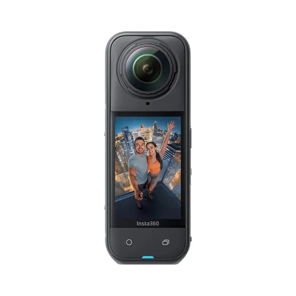 Insta360 X5 8K action camera with touchscreen showing a selfie of a couple outdoors